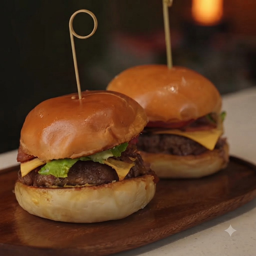 Deux burgers de bœuf faits maison entièrement assemblés sur une planche en bois, chacun fixé avec une brochette en bois.