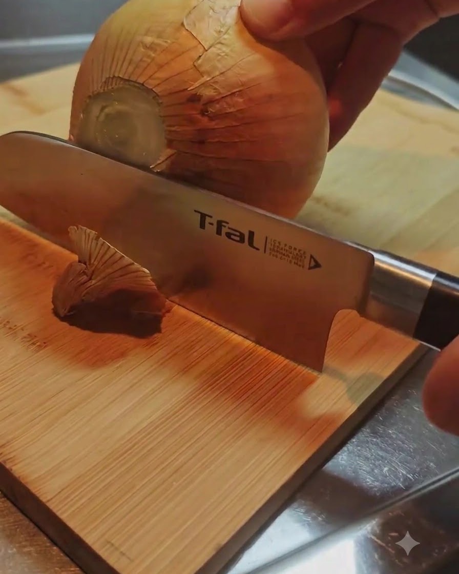 Un couteau coupant lextrémité de la racine dun oignon entier sur une planche à découper en bois.