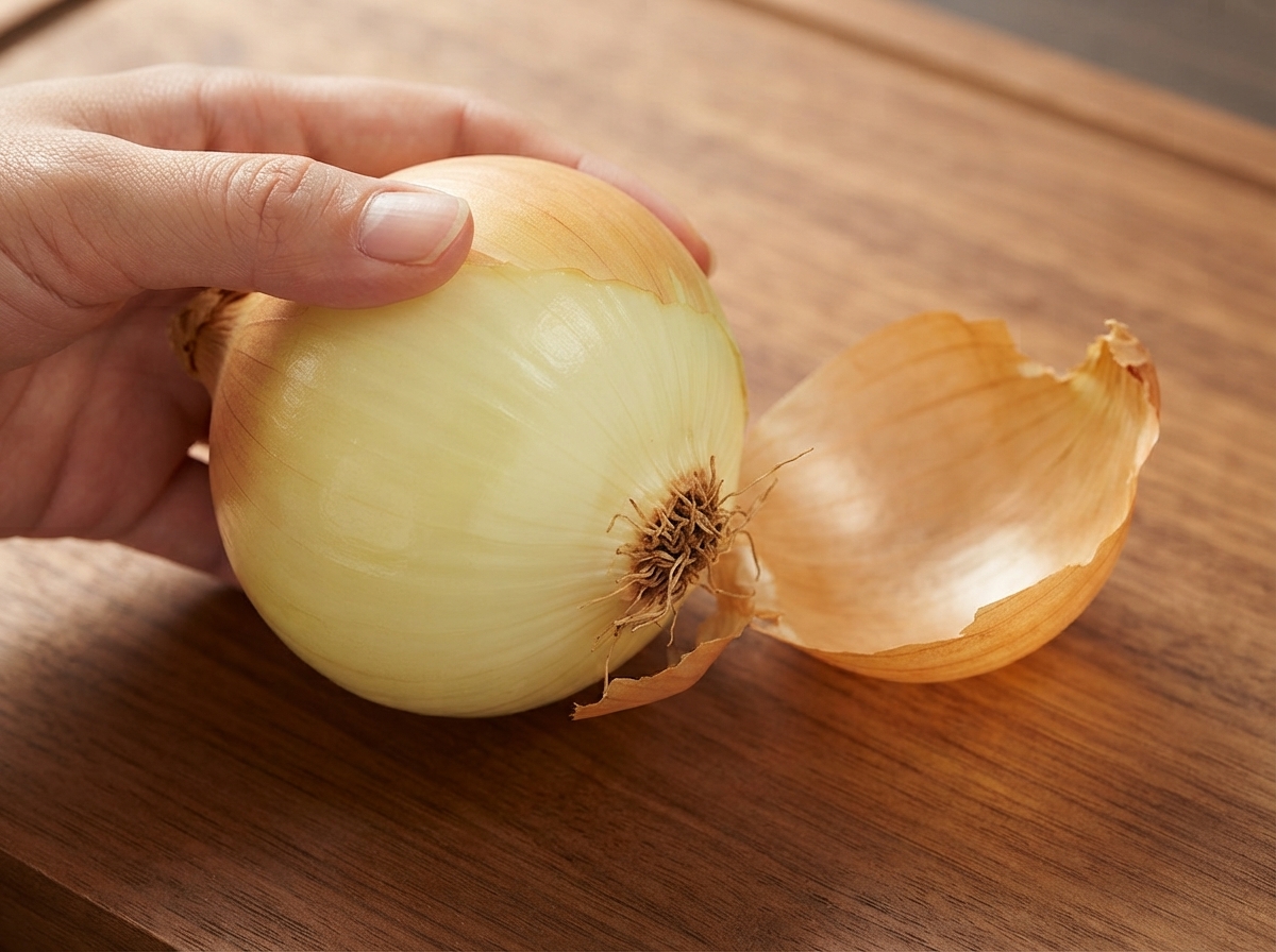 Un oignon coupé en deux horizontalement sur une planche à découper en bois avec un couteau de chef tranchant.