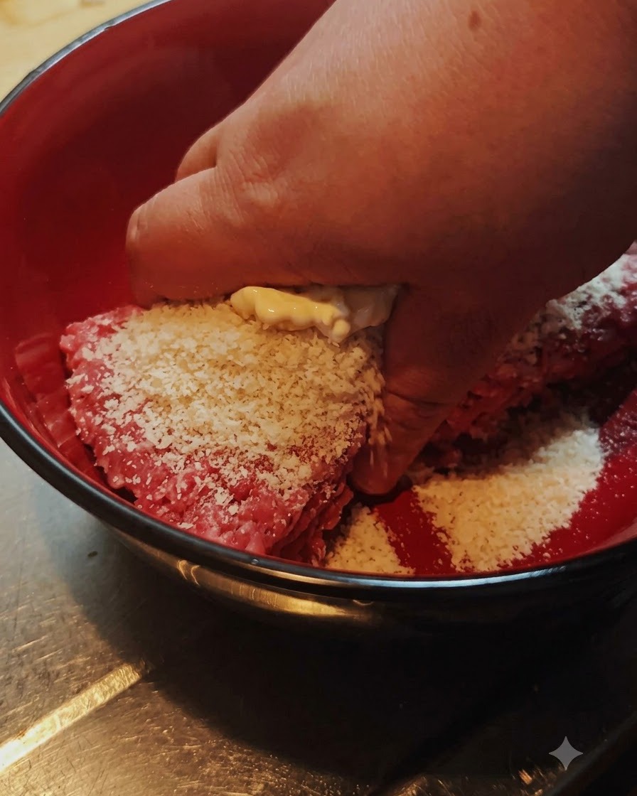 Une main mélangeant du bœuf haché, de la chapelure et des assaisonnements dans un bol mélangeur rouge.