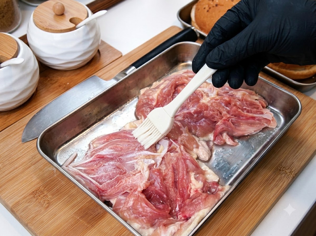 Une main gantée utilisant un pinceau blanc pour étaler les assaisonnements sur les hauts de cuisse de poulet dans un plateau en métal.