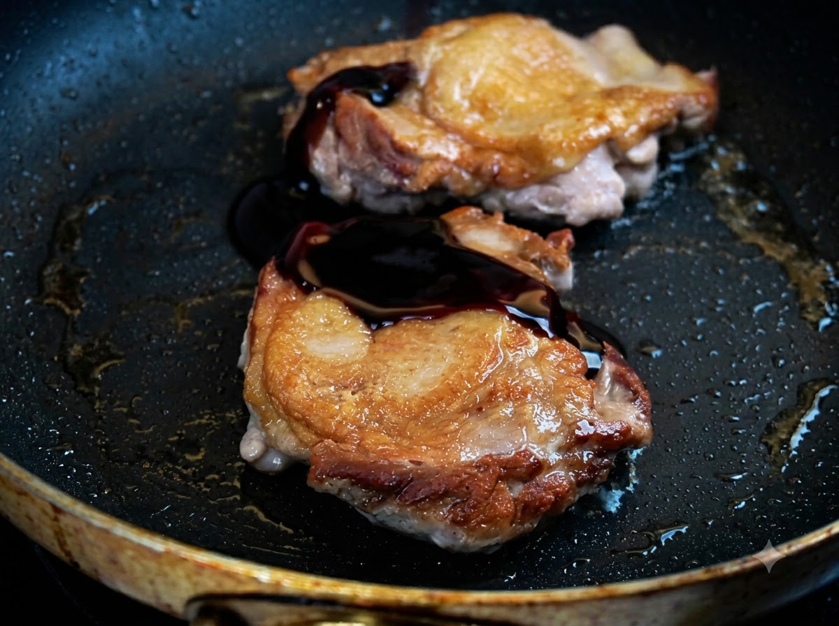 De la sauce teriyaki foncée versée directement sur des hauts de cuisse de poulet poêlés dorés dans une poêle.