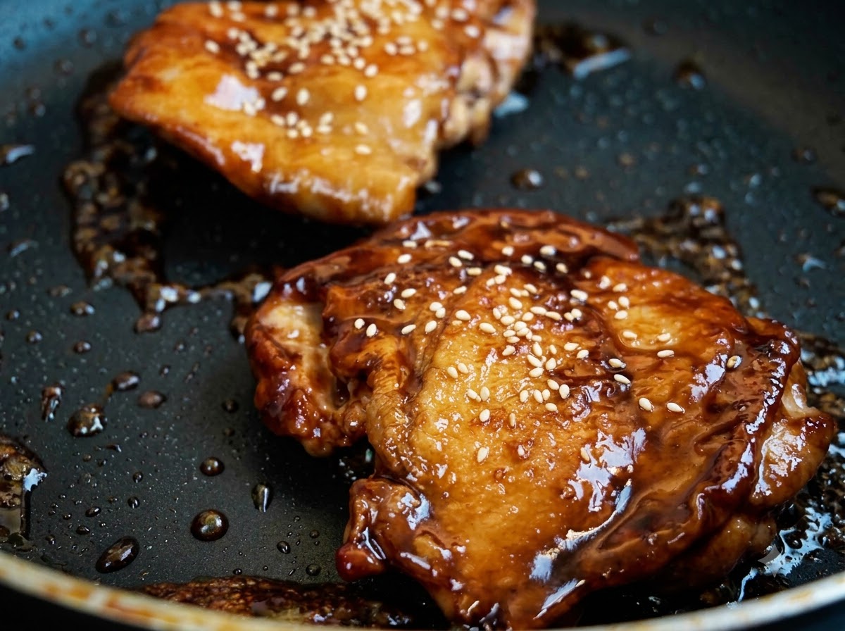 Vue rapprochée de hauts de cuisse de poulet teriyaki glacés dans une poêle, parsemés de graines de sésame blanc.