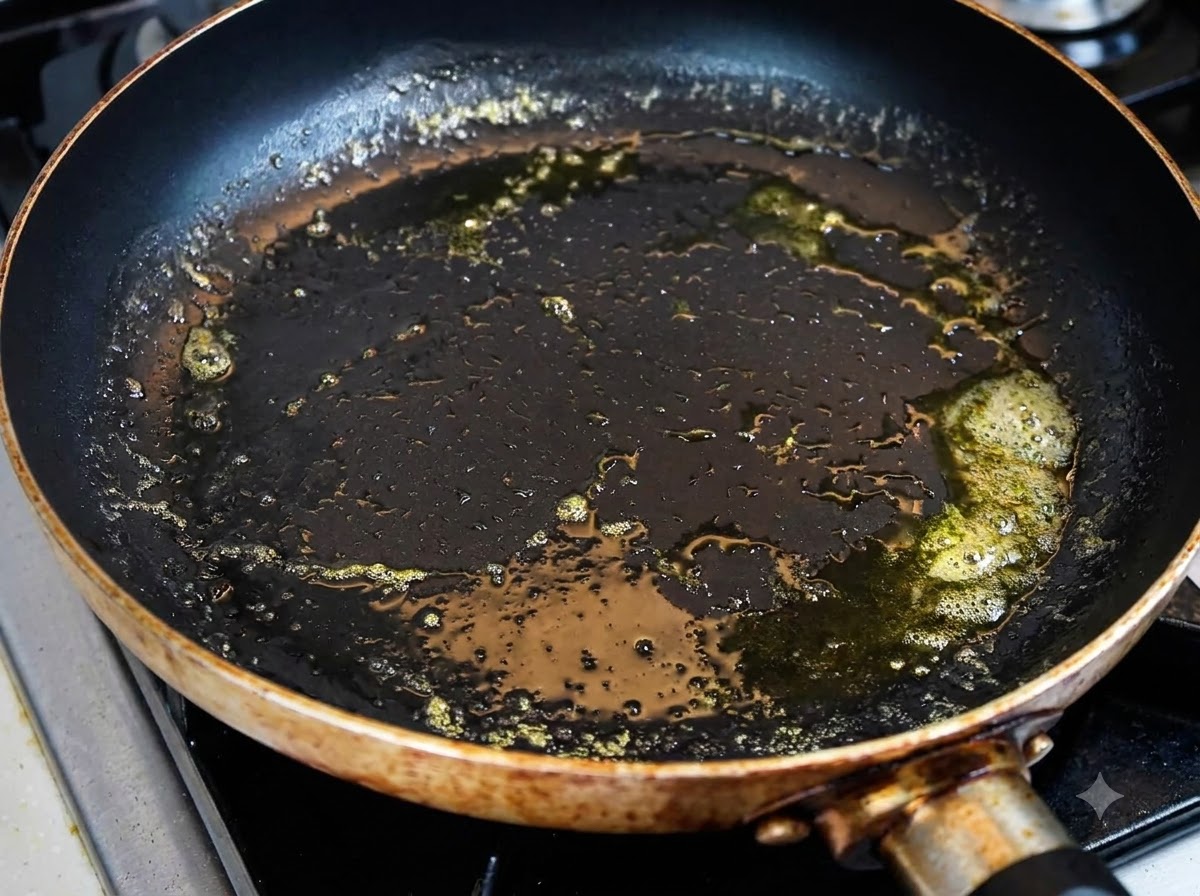 Du beurre en train de fondre et de bouillonner dans une poêle sombre utilisée pour toaster les pains à burger.