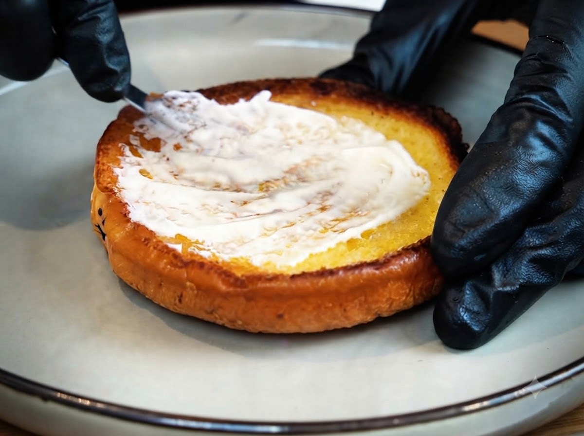 Une main gantée utilisant une petite spatule pour étaler de la mayonnaise blanche sur un pain à burger doré et toasté.