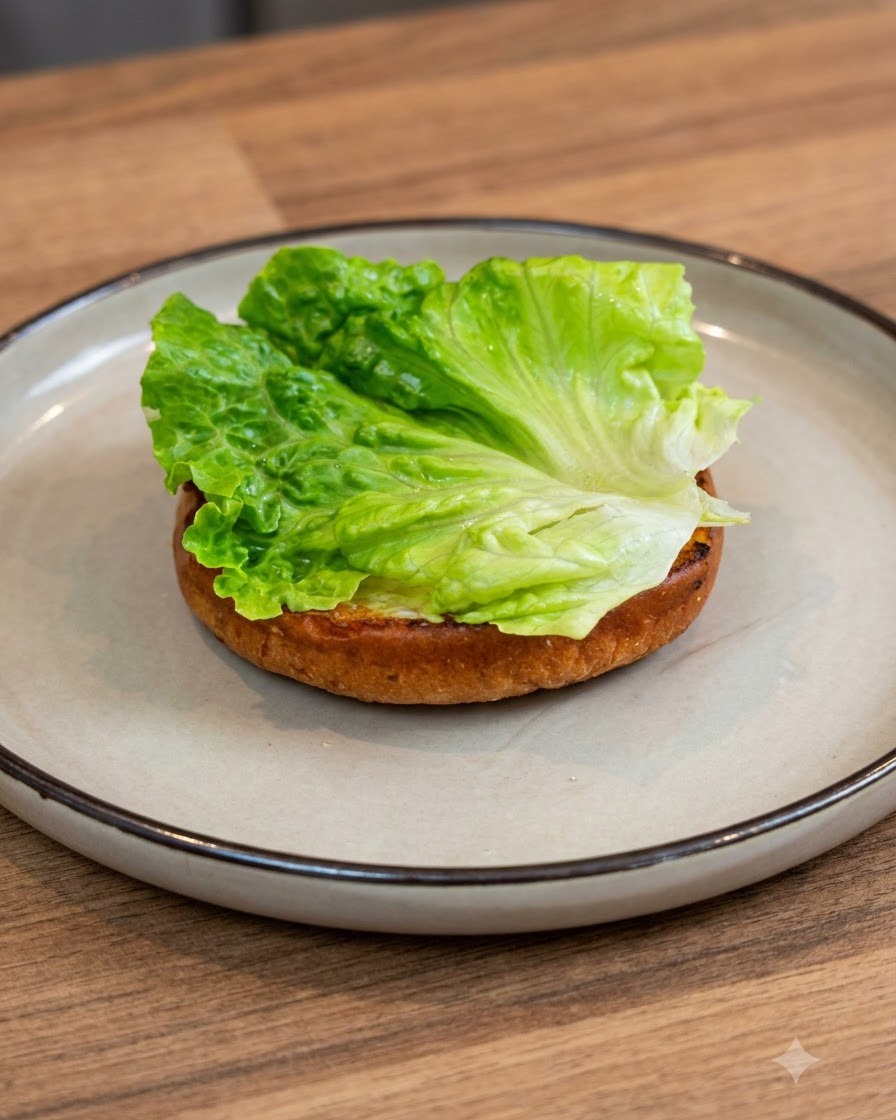 Des feuilles de laitue verte fraîche disposées soigneusement sur le dessus dun pain à burger toasté reposant sur une assiette en céramique.