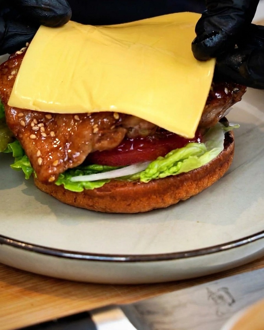 Une tranche de fromage jaune en train dêtre placée sur le dessus du poulet glacé et des couches de légumes sur un pain à burger.