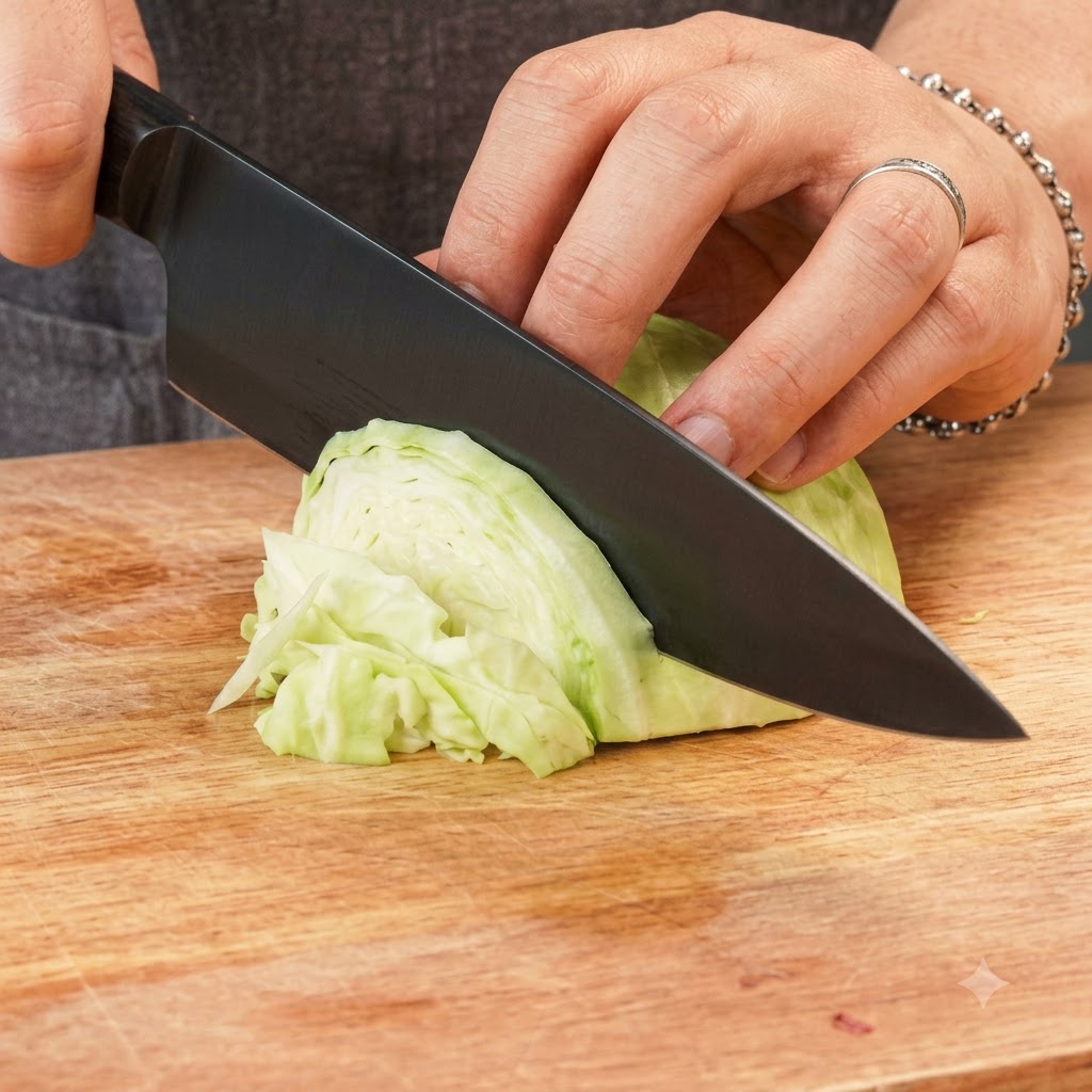 Un couteau bien affûté coupant une tête de chou vert en fines lanières sur une planche à découper en bois.