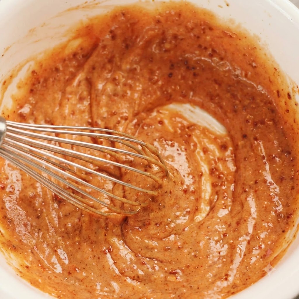 Un fouet mélangeant une sauce riche aux reflets orange et rouge dans un bol en céramique blanc.