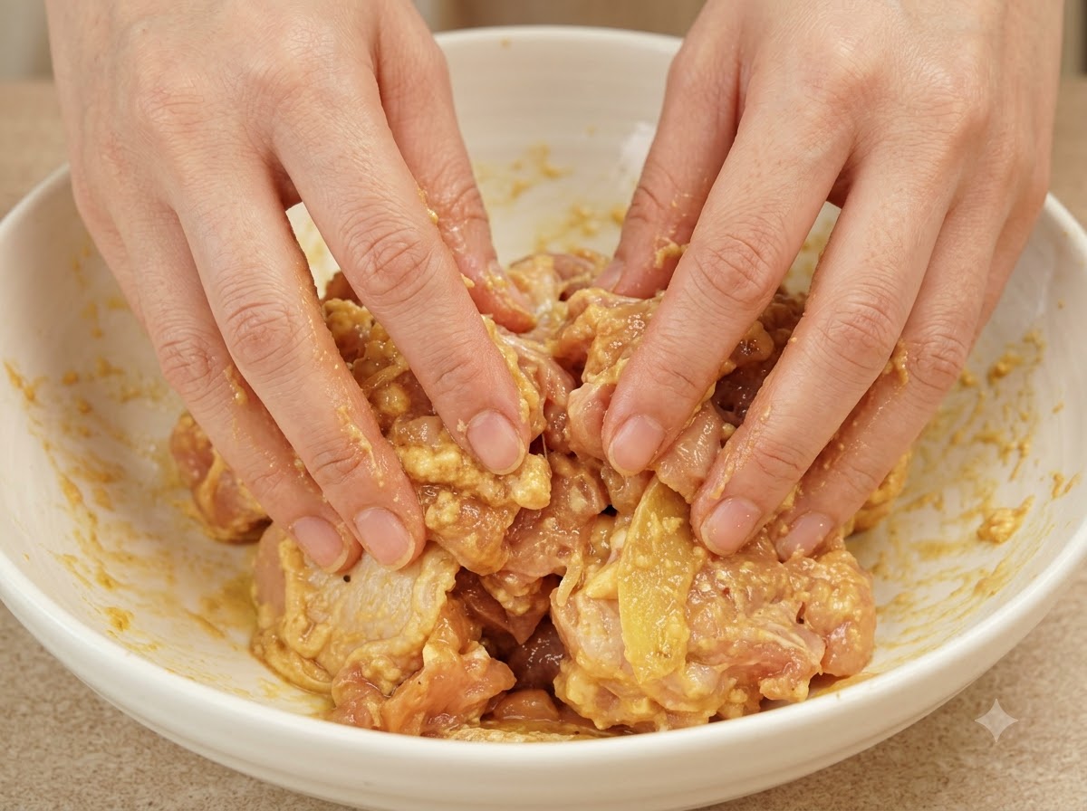 Des mains massant et mélangeant des morceaux de poulet assaisonnés dans un grand bol blanc.