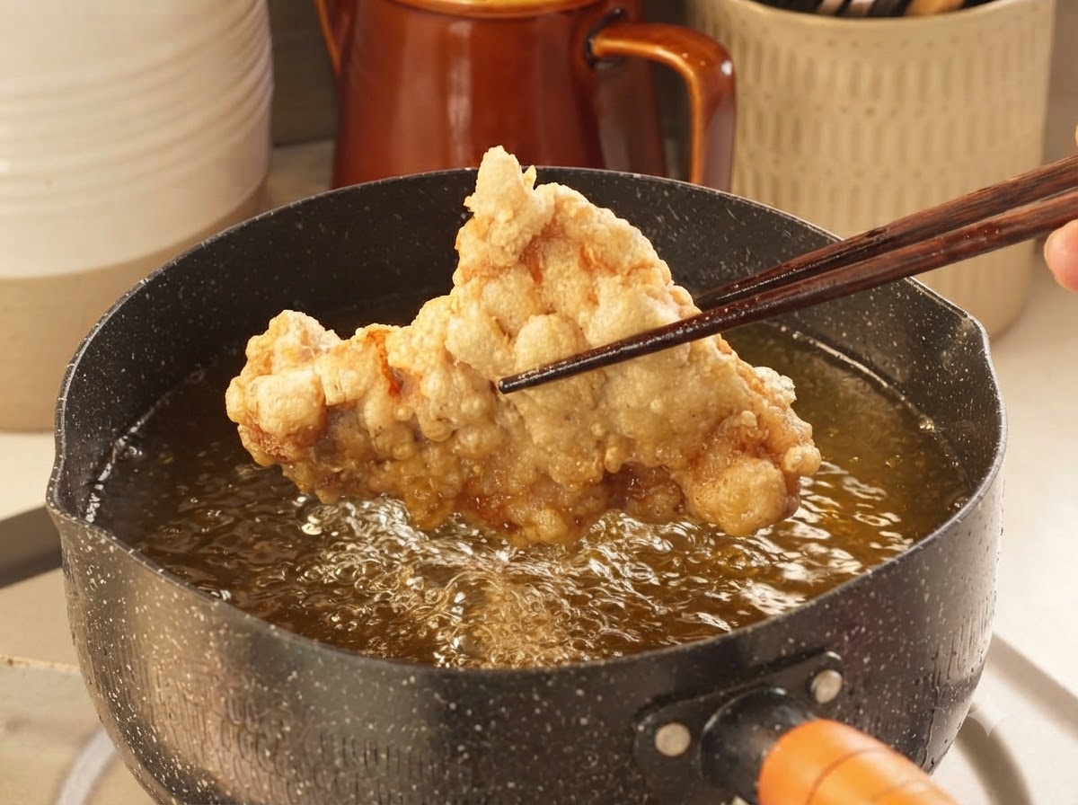 Des baguettes en bois tenant un grand morceau de poulet frit doré et croustillant au-dessus dune poêle dhuile bouillante.