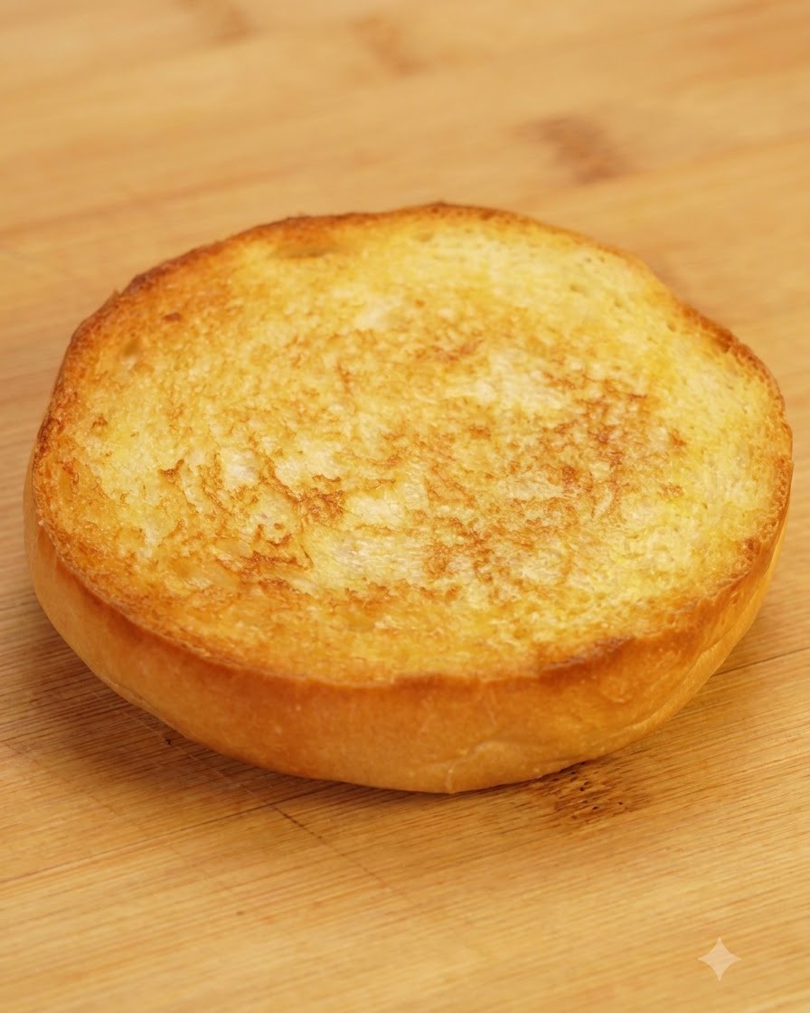 Une moitié de pain à burger doré et toasté posée sur une planche à découper en bois.