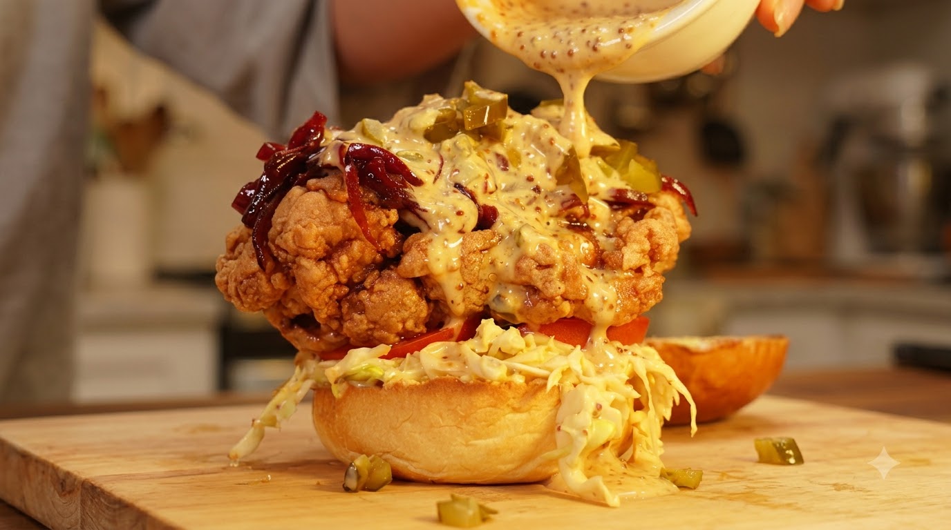 Burger de Poulet Frit Croustillant aux Oignons Caramélisés au Vin Rouge