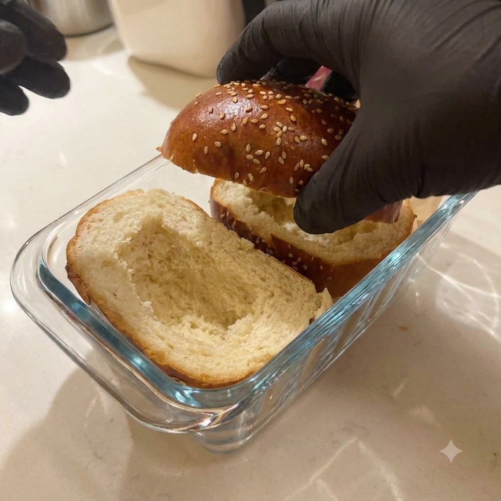 Une tranche de fromage placée à lintérieur de la moitié inférieure du pain à hamburger creusé.