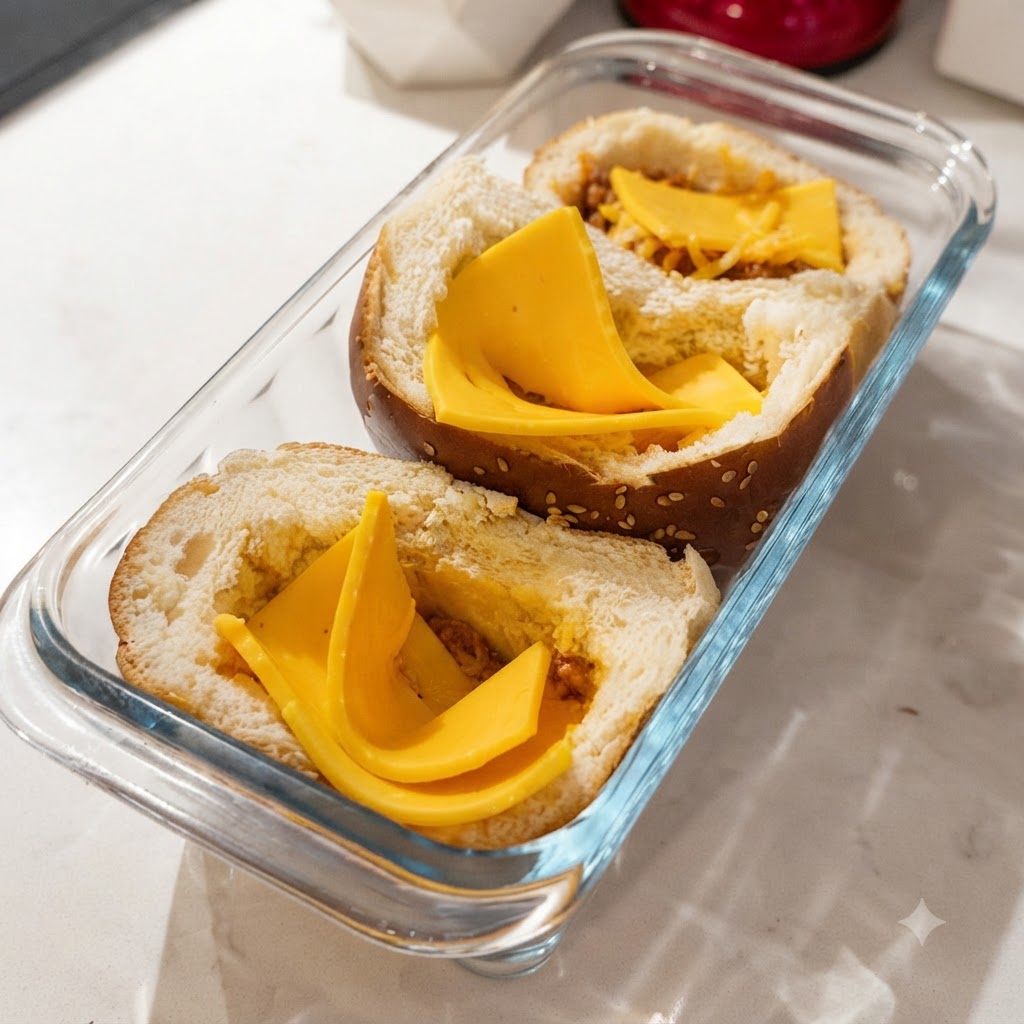 La garniture de bœuf haché préparée disposée à la cuillère dans les pains à hamburger sur les tranches de fromage.