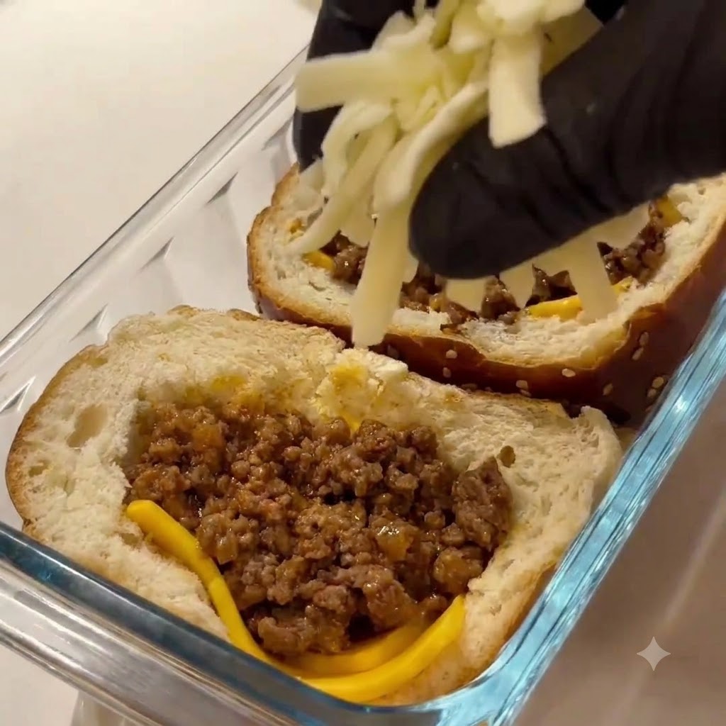 Du fromage Casar râpé frais saupoudré sur la garniture de bœuf à lintérieur des pains creusés.