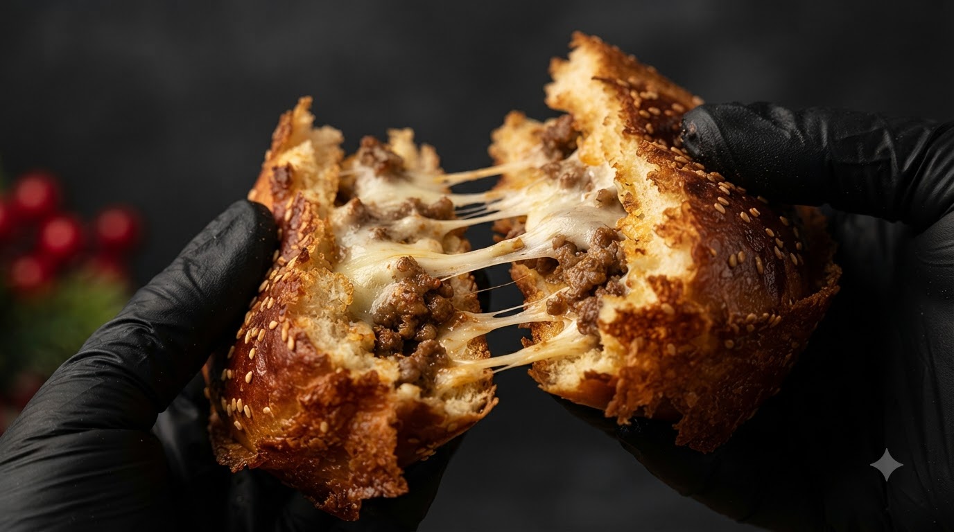 Gros plan sur un burger au four et au fromage que lon sépare, révélant le fromage fondu filandreux et la garniture de viande savoureuse à lintérieur dun pain croustillant.