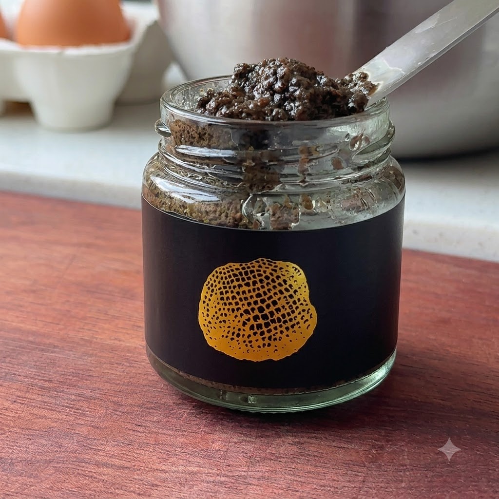 Une cuillérée de sauce aux truffes noires foncée tenue devant un pot à étiquette noire et dorée, avec une boîte dœufs floue en arrière-plan.
