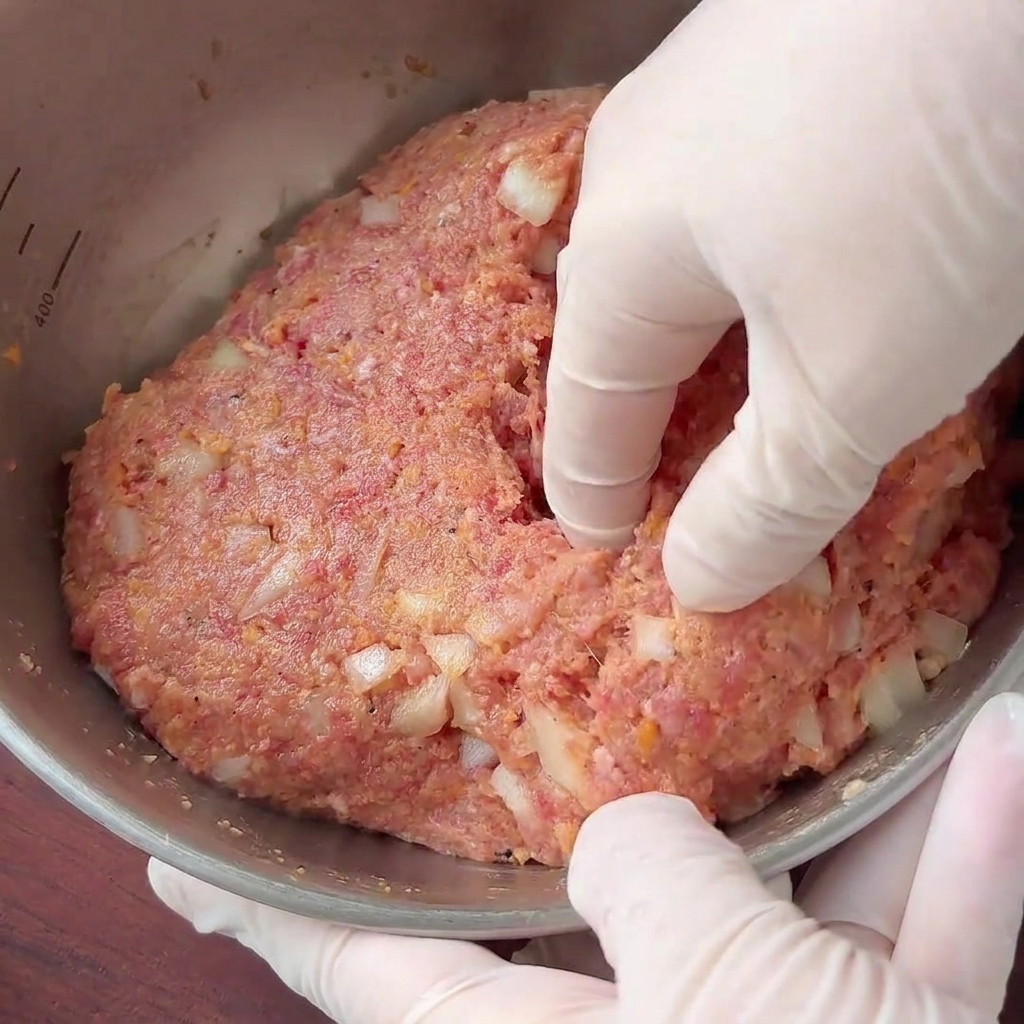 Des mains gantées façonnant un mélange dense de viande et doignons en une épaisse galette ronde à lintérieur dun bol en métal.