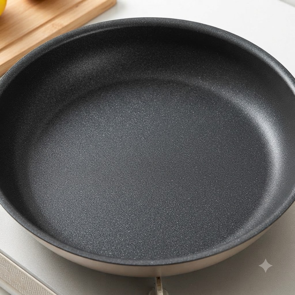 Une poêle antiadhésive sombre et vide posée sur une cuisinière à côté dune planche à découper en bois.