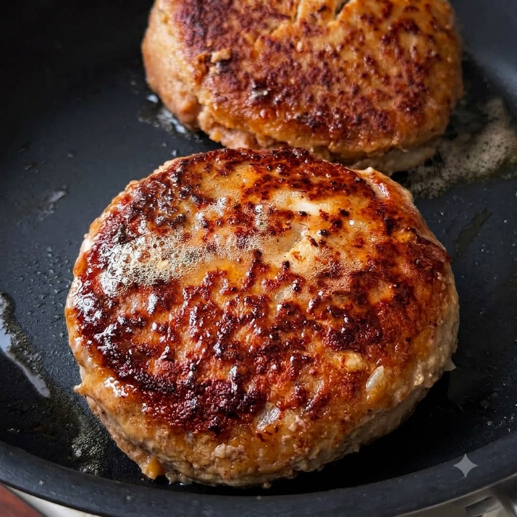 Deux steaks hachés épais dotés dune croûte dorée foncée qui grésillent dans une poêle chaude.