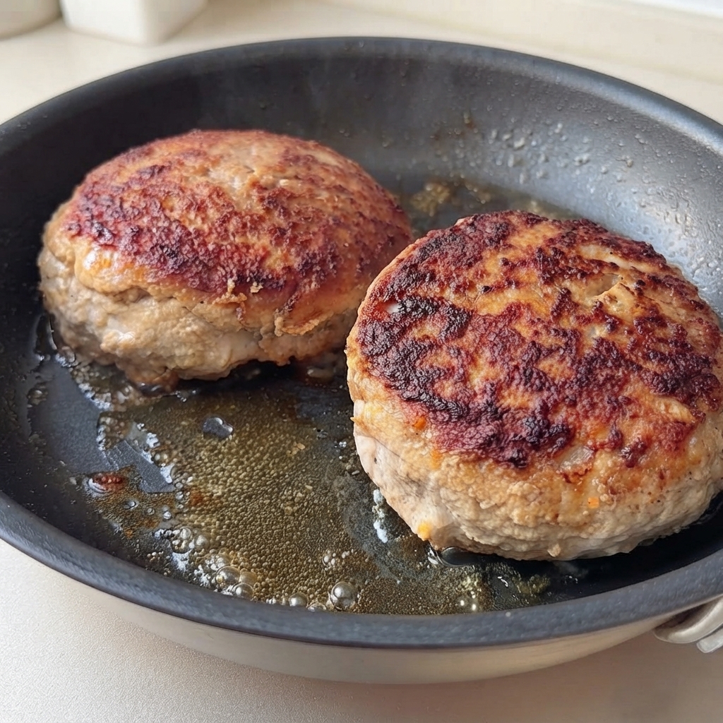 Deux steaks hachés dorés cuisant dans une poêle entourés dhuile bouillante et de jus.