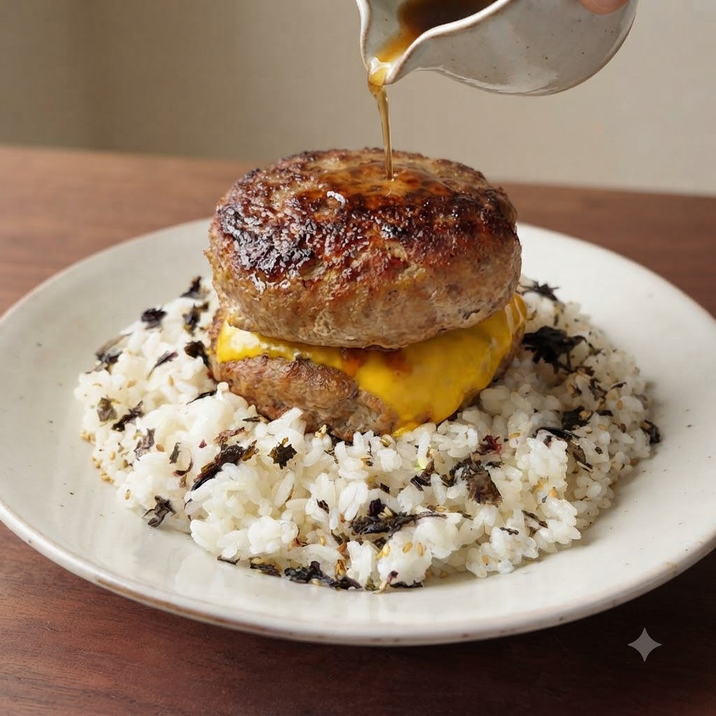 Un petit pichet blanc versant une sauce savoureuse claire sur des steaks hachés superposés et du fromage fondu sur du riz.