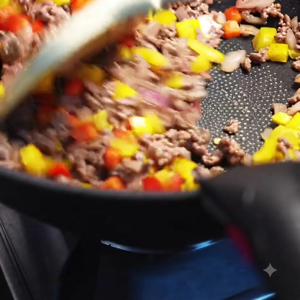 Mélange dépices, sel et sucre ajoutés au mélange grésillant de bœuf et de poivrons dans une poêle.