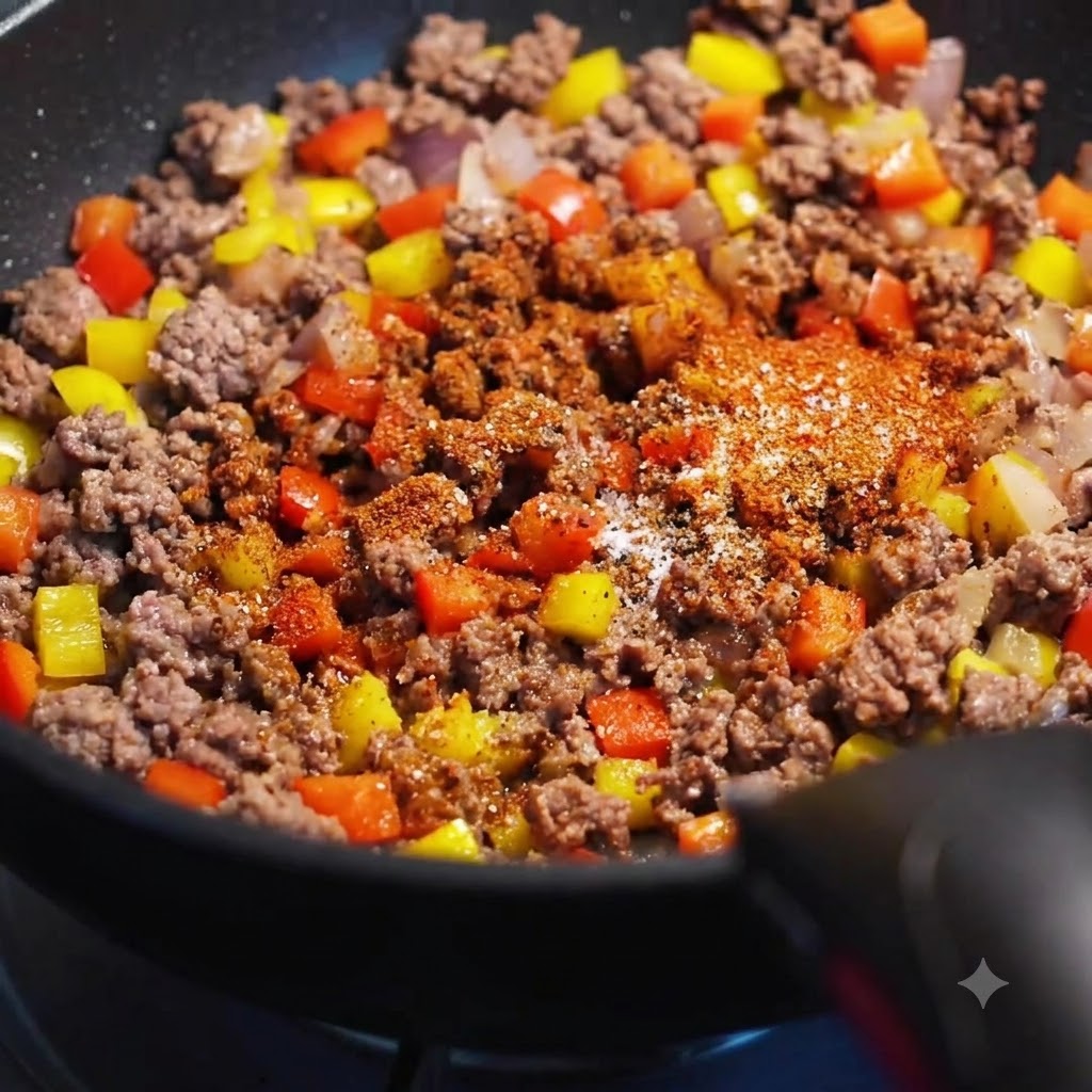 Poudre dépices, sel, sucre et grains de maïs mélangés au bœuf et aux poivrons sautés dans une poêle.
