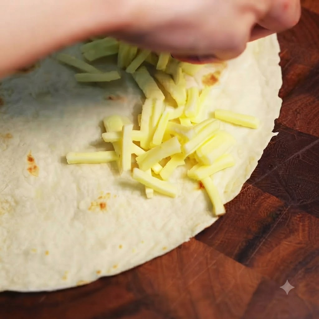 Du fromage mozzarella râpé dispersé sur une moitié dune tortilla de blé ronde posée sur une planche en bois.
