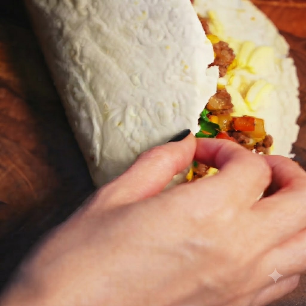Une tortilla de blé repliée en deux sur une garniture de bœuf, de fromage et de légumes.