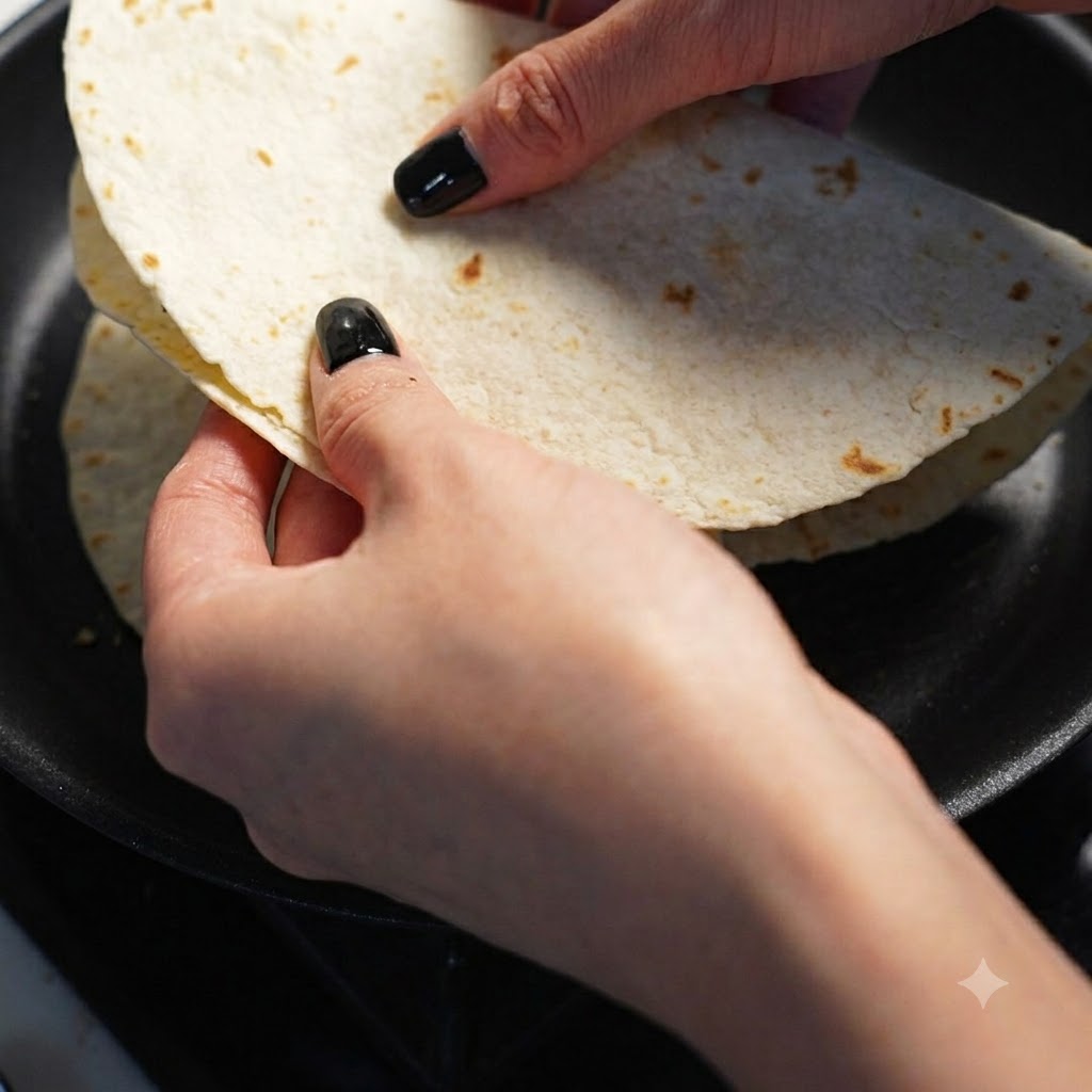 Une quesadilla pliée posée dans une poêle antiadhésive noire bien chaude.