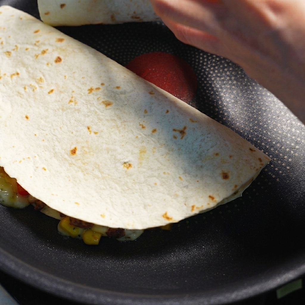 Une quesadilla en tortilla pliée en train de cuire dans une poêle sombre, retournée à laide dune spatule.