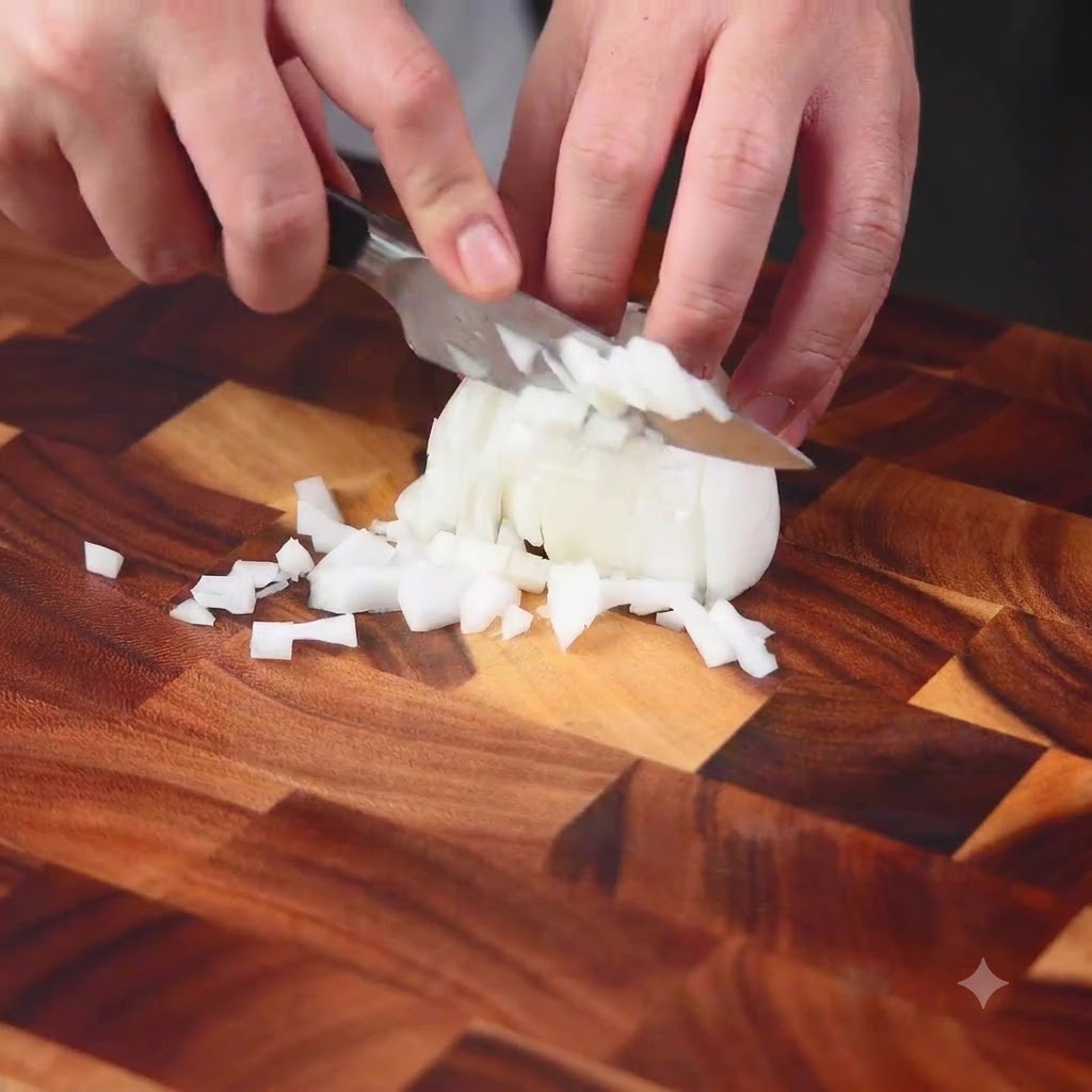 Un oignon en cours de découpe minutieuse sur une planche à découper en bois avec un couteau de chef.