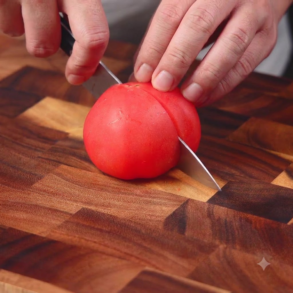 Une tomate rouge fraîche coupée en deux sur une planche à découper en bois.