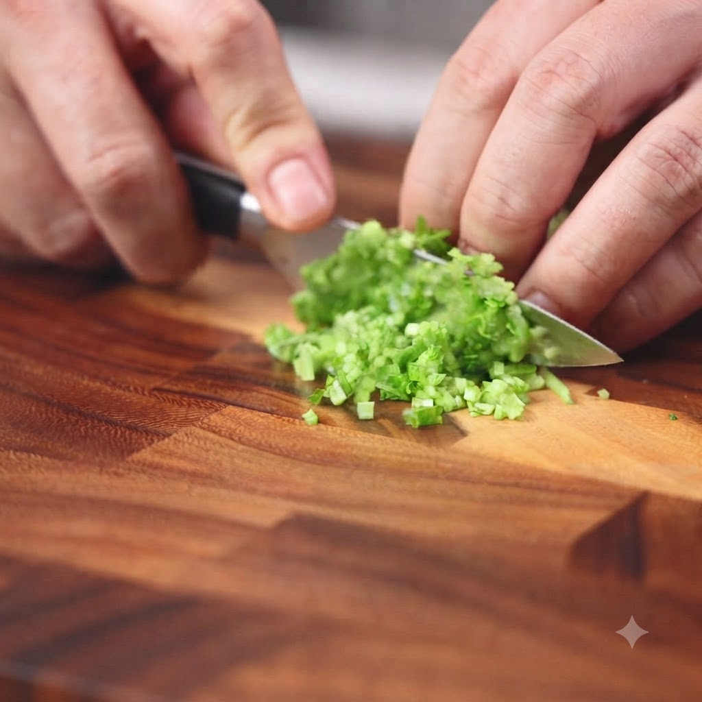 Des piments jalapeños verts finement hachés sur une planche à découper en bois.
