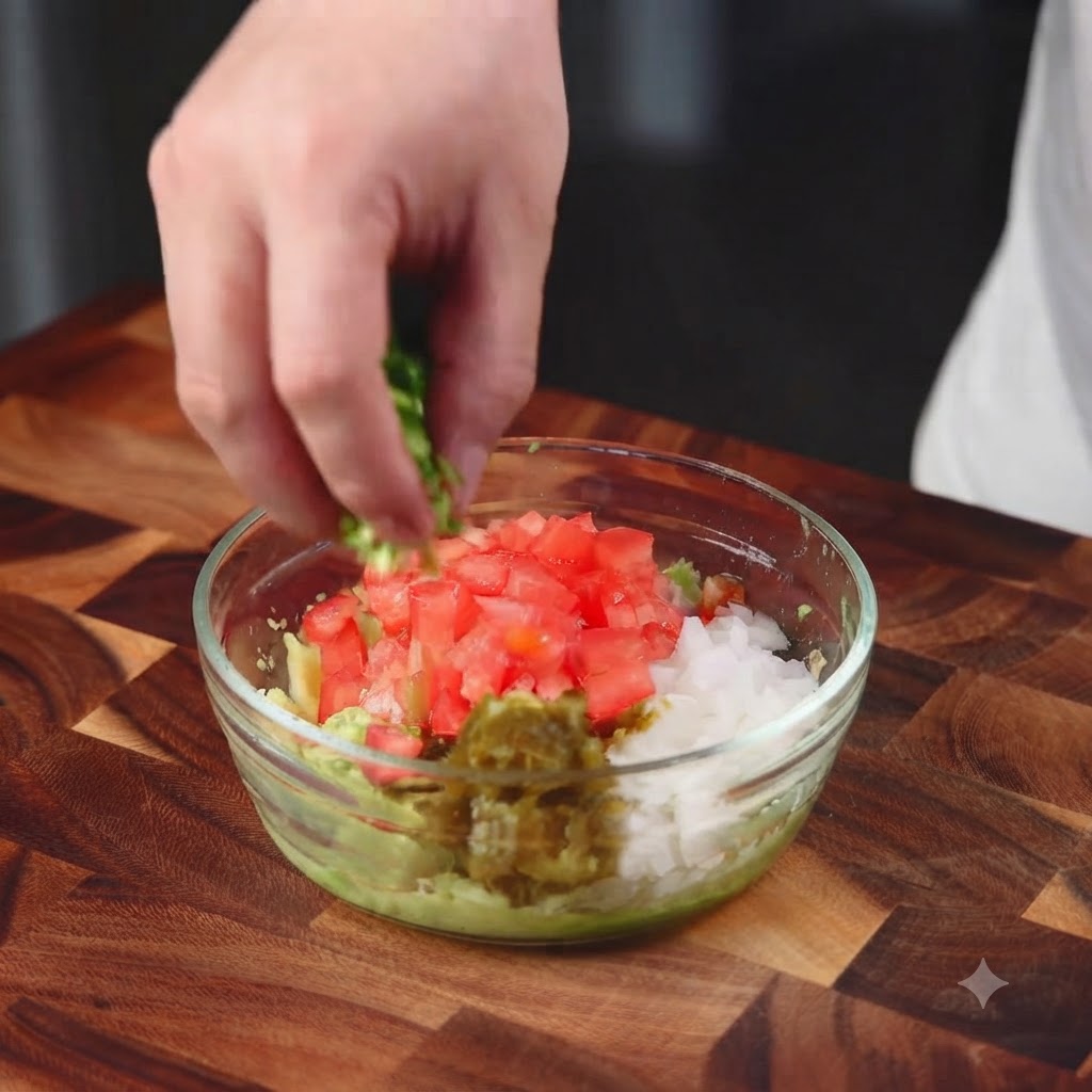 Tomates, oignons, coriandre et jalapeños finement hachés ajoutés directement dans un bol en verre contenant de lavocat écrasé.