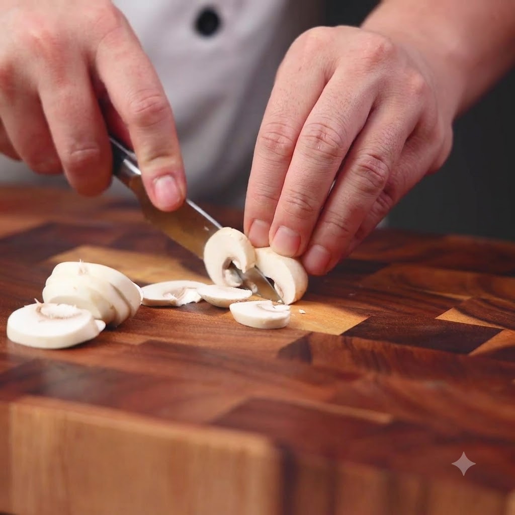 Des gousses dail émincées en petits morceaux avec un couteau de cuisine sur une planche en bois.