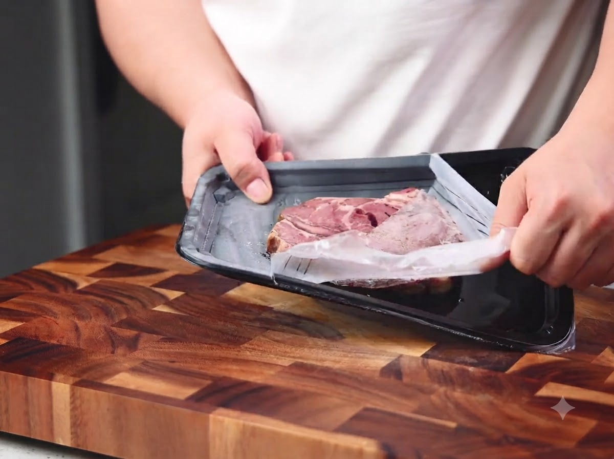 Un steak cru dans un plateau noir assaisonné de sel, de poivre et dhuile dolive.