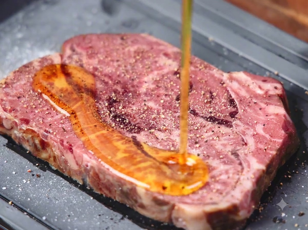 De lhuile dolive versée sur un steak cru et assaisonné sur un plateau.