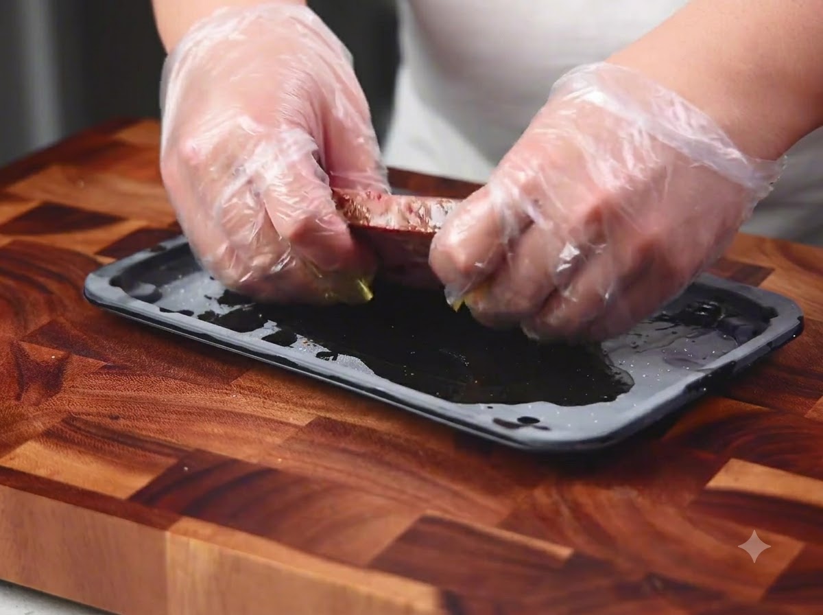 Des mains portant des gants en plastique frottant de lhuile et des assaisonnements sur un morceau de steak cru sur un plateau sombre.