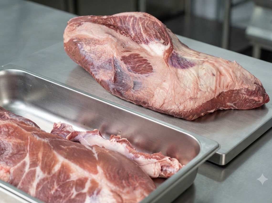 Une poitrine de bœuf crue posée sur une surface de découpe en métal avec un couteau à portée de main, prête pour le parage.