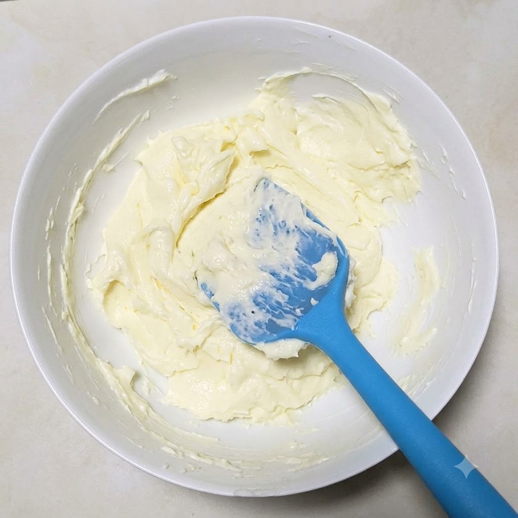 Fromage à la crème ramolli dans un bol blanc, mélangé avec du sel et du sucre à laide dune spatule bleue.