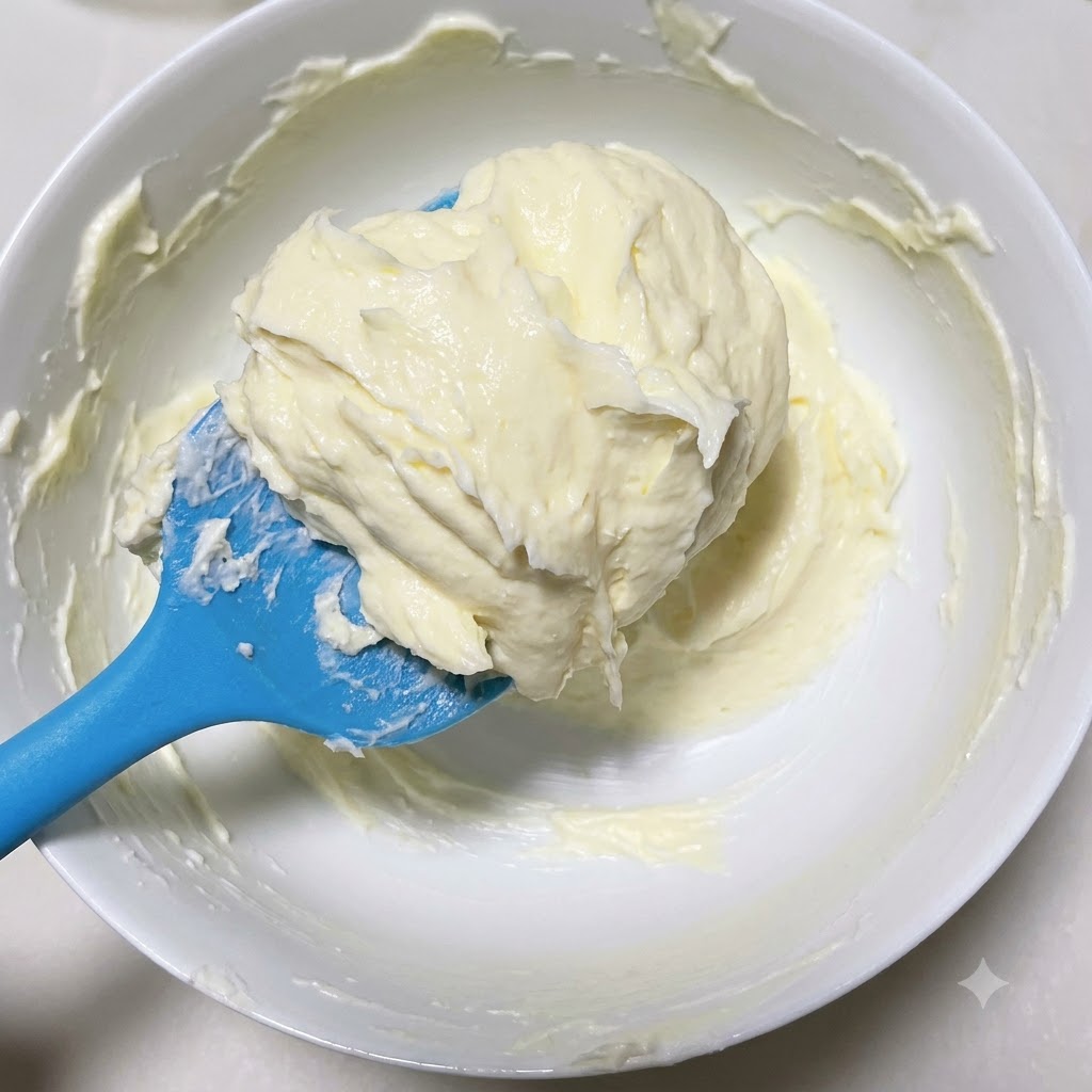 Mélange de fromage à la crème remué continuellement jusquà ce quil soit complètement lisse et uniforme.