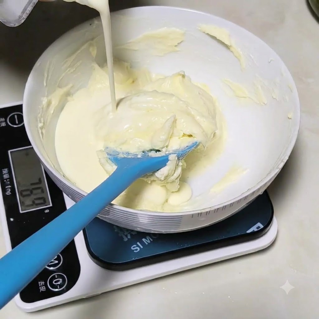 De la crème liquide est versée depuis une brique dans le bol à mélanger contenant le fromage à la crème.
