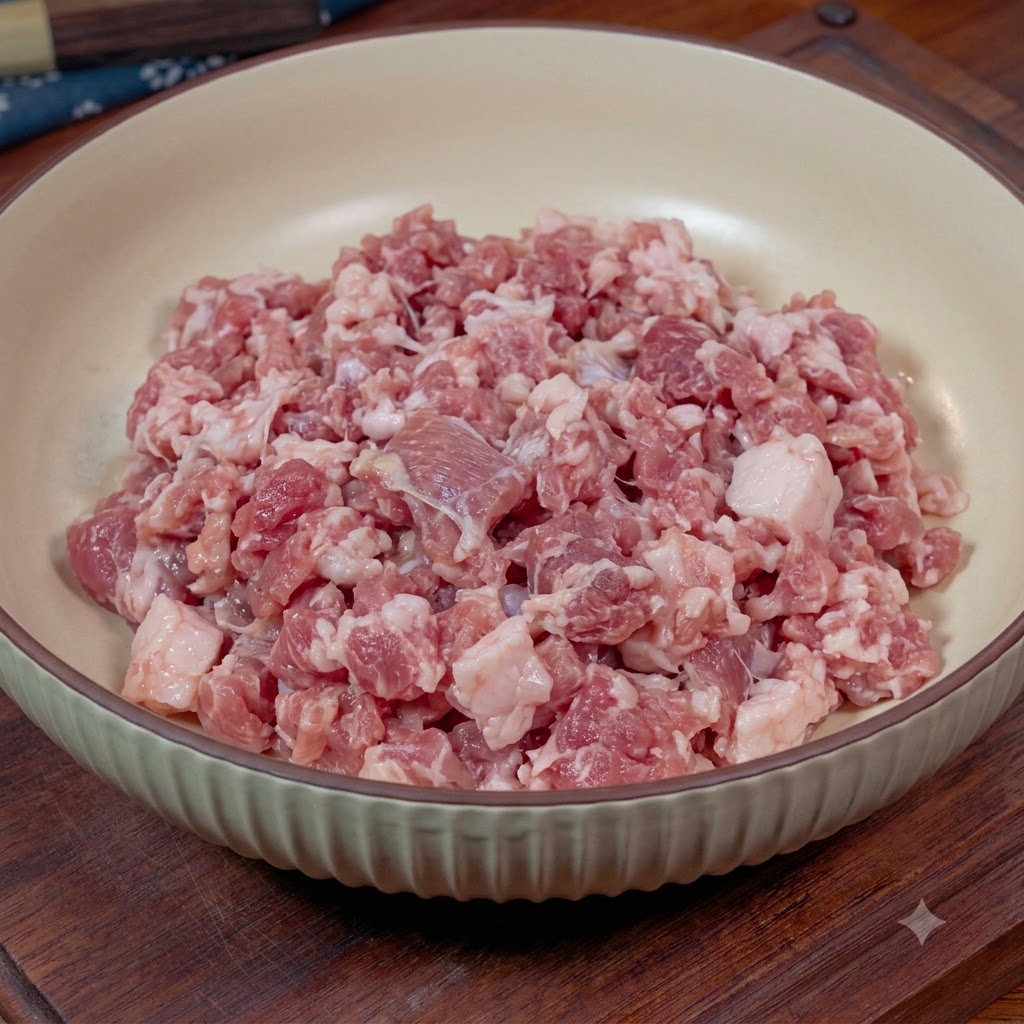 Un bol de viande hachée fraîche surmonté dun petit tas de cébettes hachées, de gingembre, de sel et de bouillon de poulet.