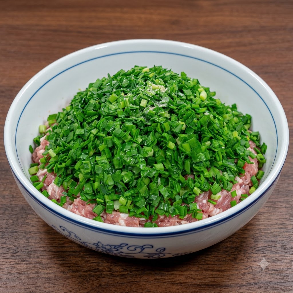Un grand bol rempli dun dôme de ciboulette verte hachée reposant sur la viande hachée assaisonnée.