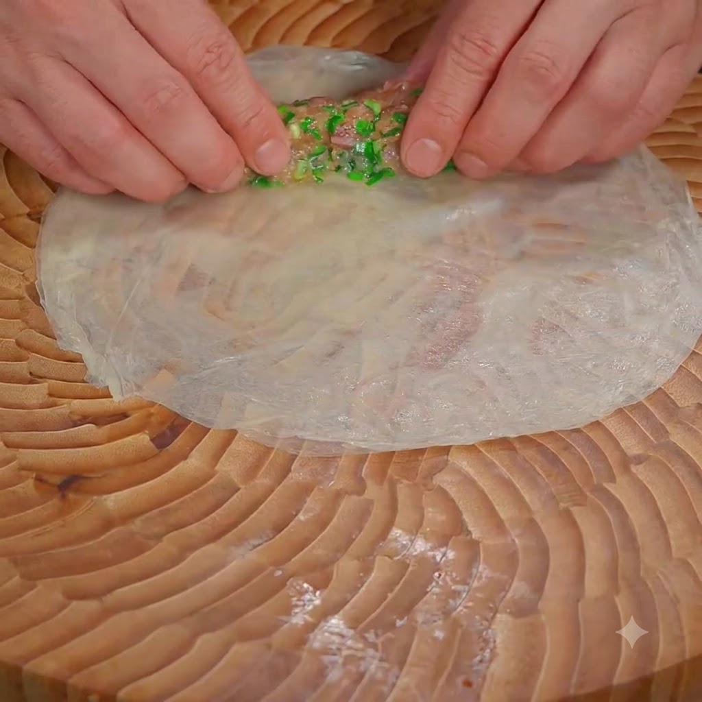 Des mains roulant étroitement une galette cuite à la vapeur autour dune farce à la viande et à la ciboulette sur une planche en bois.