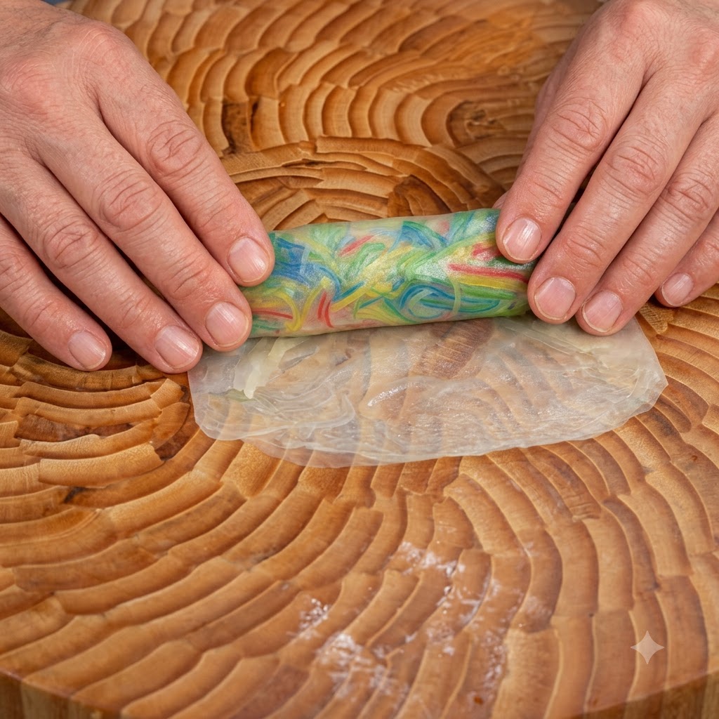 Des mains badigeonnant de la dorure à lœuf sur le bord dune galette de nem roulée.