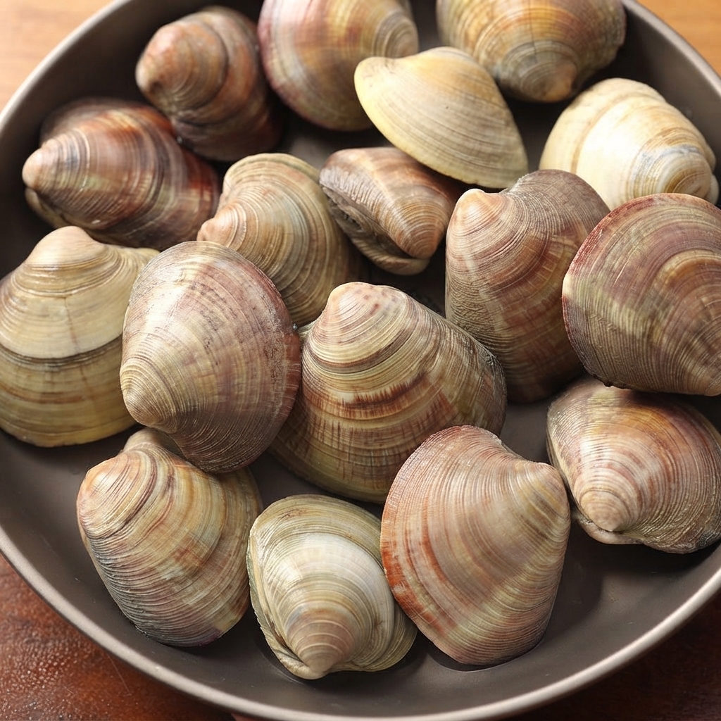 Palourdes américaines fraîches présentées dans un plat de service sombre.